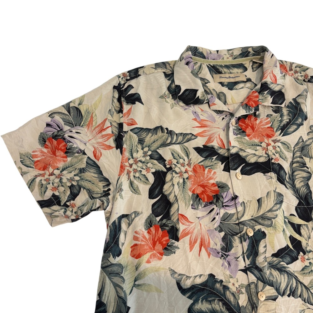 Tommy Bahama Silk Hawaiian Shirt Mens L Cream Tropical Floral Leaf Short Sleeve